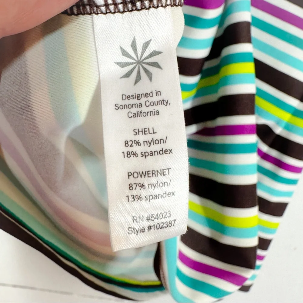 Athleta Womens Striped Swim Top Criss Cross Straps Green Brown Blue 34D/32DD